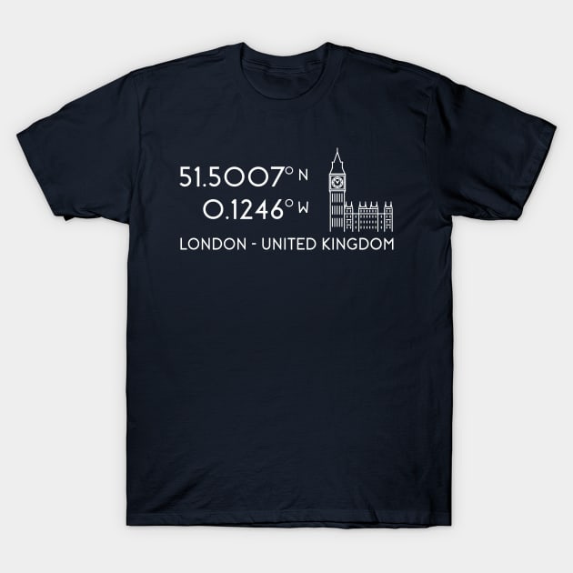 London Map Coordinates (latitude and longitude) focused on Big Ben - white text + image T-Shirt by AtlasMirabilis